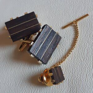 Vintage 1960s Wood Inlay Cuff Link & Tie Tack Set Gold Tone